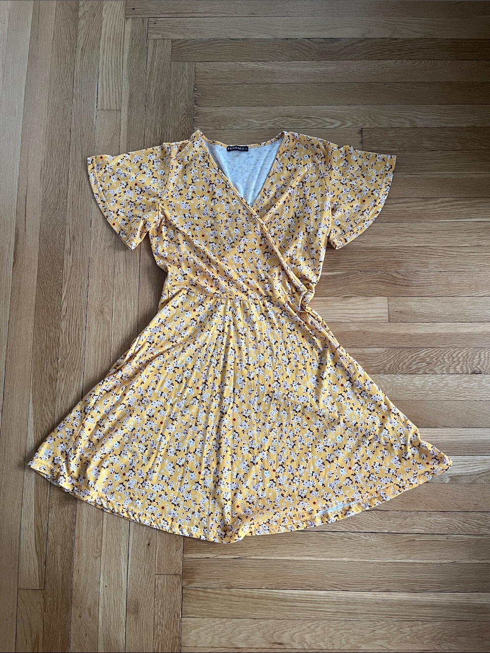 Yellow Floral Wrap Mini Dress